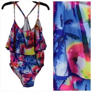 🚨 Body Glove Girls Tropical One-piece Ruffle Racerback Swimsuit Size 8 Colorful